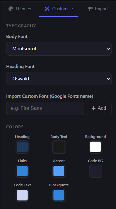 Typography and color customization panel