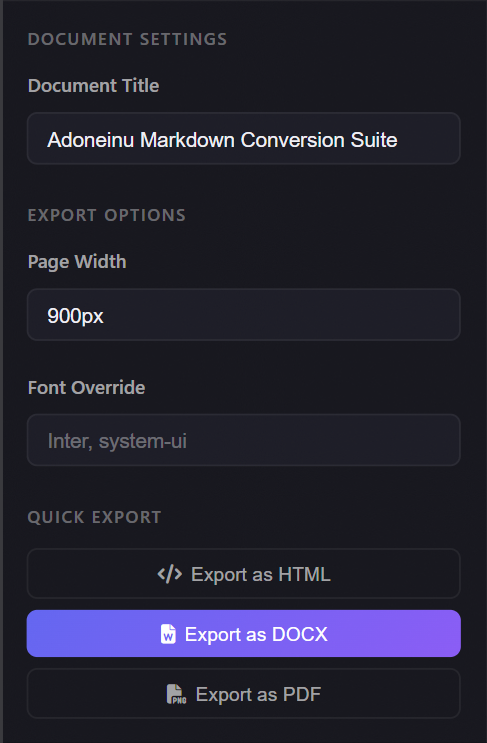 Export to HTML, DOCX, and PDF