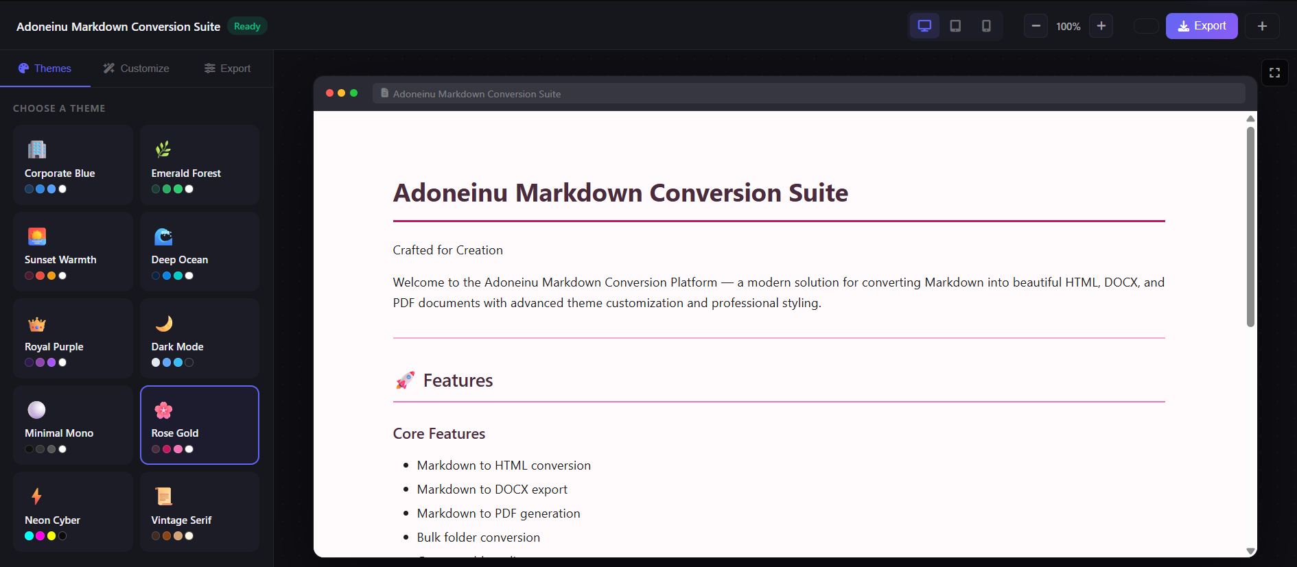 Markdown Converter Workspace live document preview with device frames